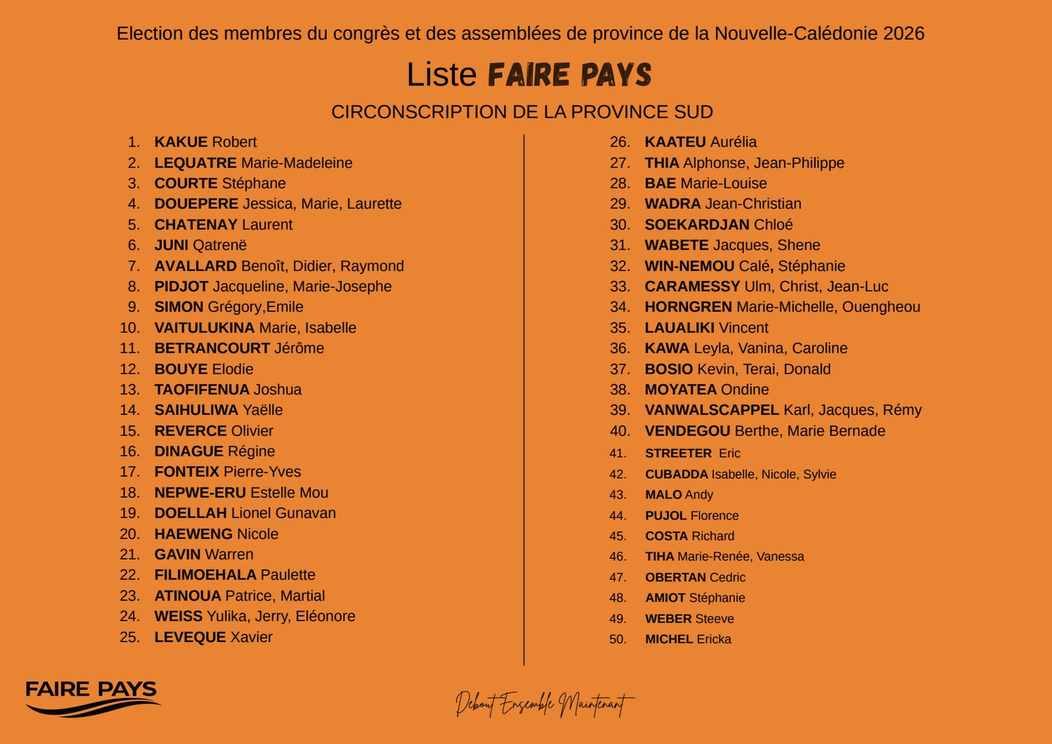 Bulletin de vote officiel de la liste Faire Pays — élections provinciales 2026, Province Sud